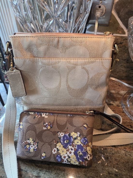 Coach Handbags - Coach Metallic Beige And Gold Signature Crossbody with Floral Wristlet